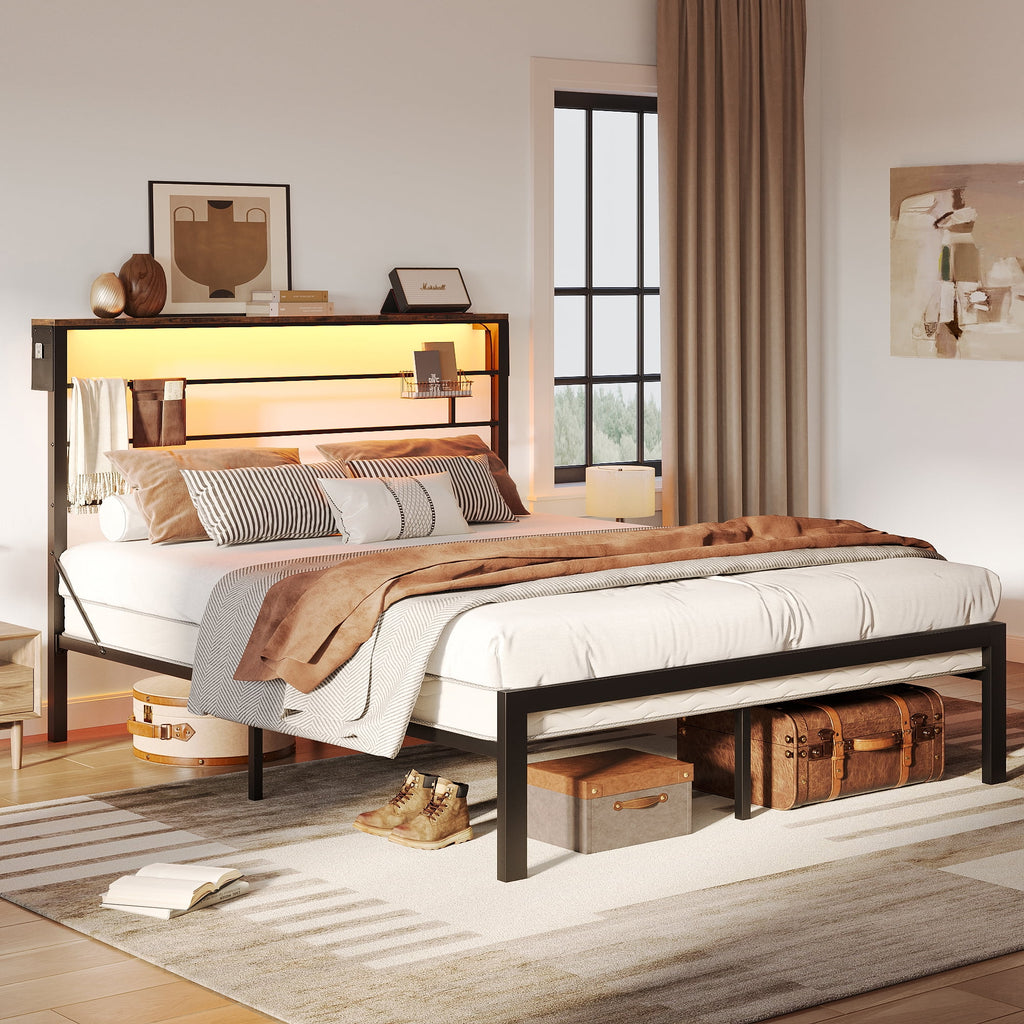 Queen Size Black Metal Platform Bed Frame with Storage Headboard V29583