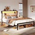 Queen Size Black Metal Platform Bed Frame with Storage Headboard V29583