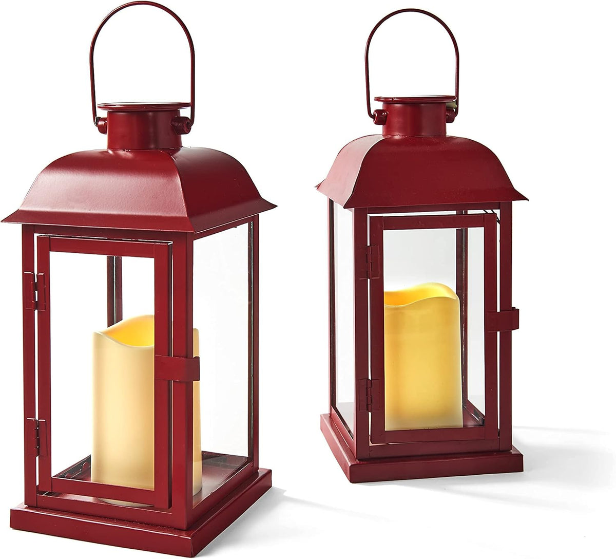 Red Outdoor Lanterns with Solar Candles, 11 Inch Tall, Set of 2, Waterproof Metal J516855