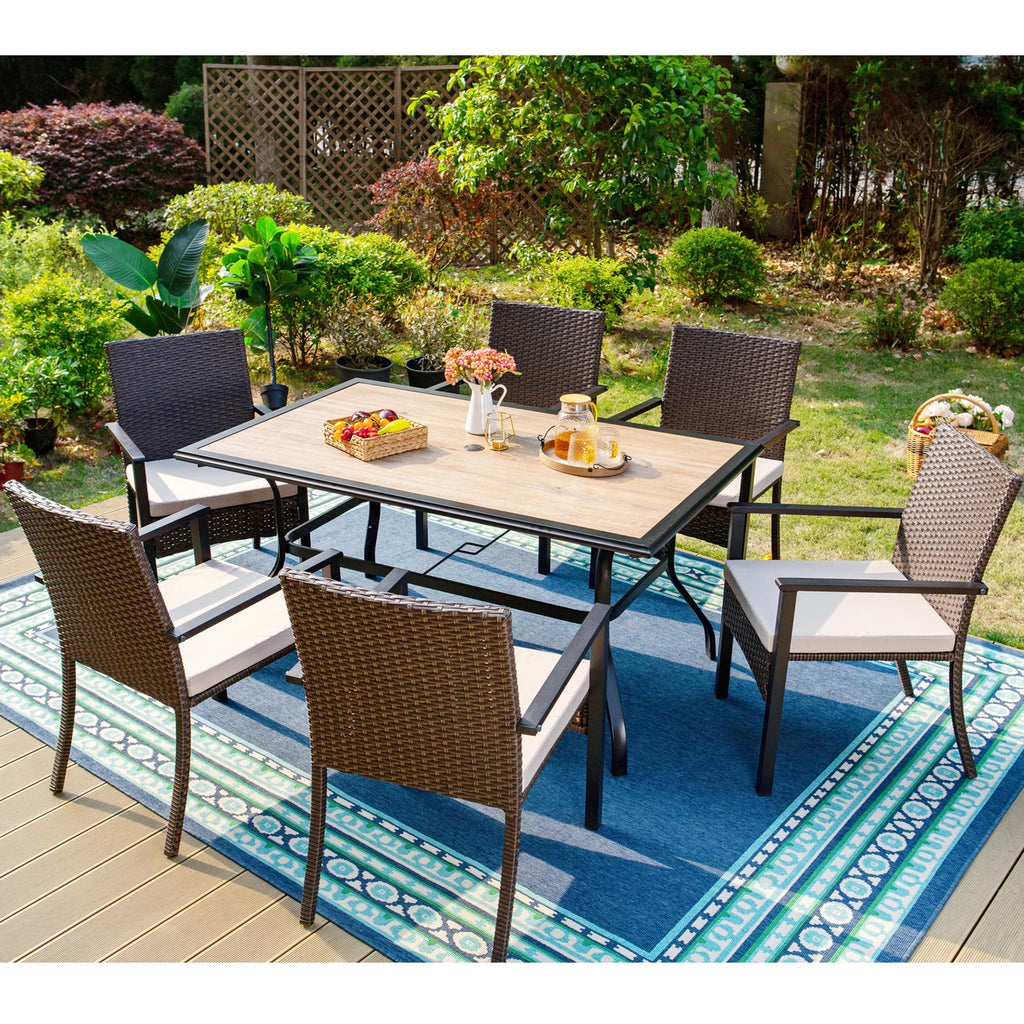 7-Piece Outdoor Patio Dining Set with 6 Rattan Cushioned Armchairs & 1 Rectangle Table H1154