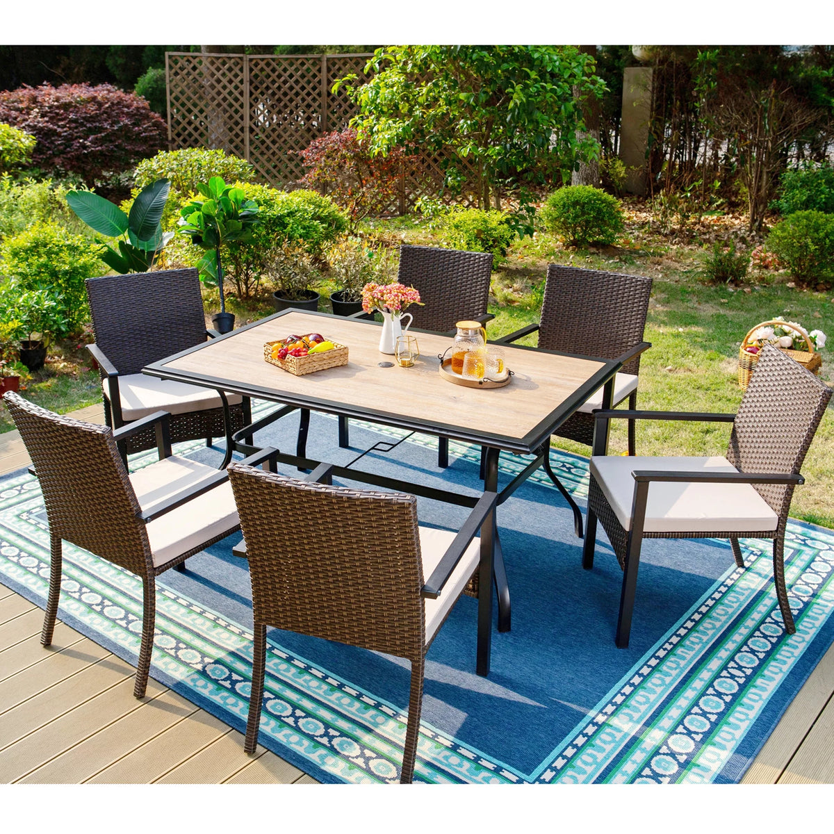 7-Piece Outdoor Patio Dining Set with 6 Rattan Cushioned Armchairs & 1 Rectangle Table H1154