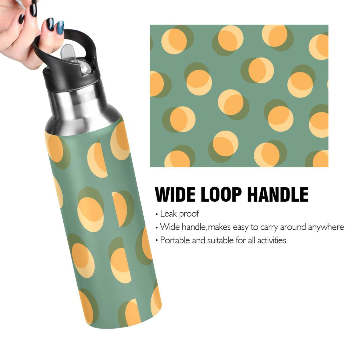 Yellow Green Polka Dot Stainless Steel Insulated Water Bottle with Straw Lid D497
