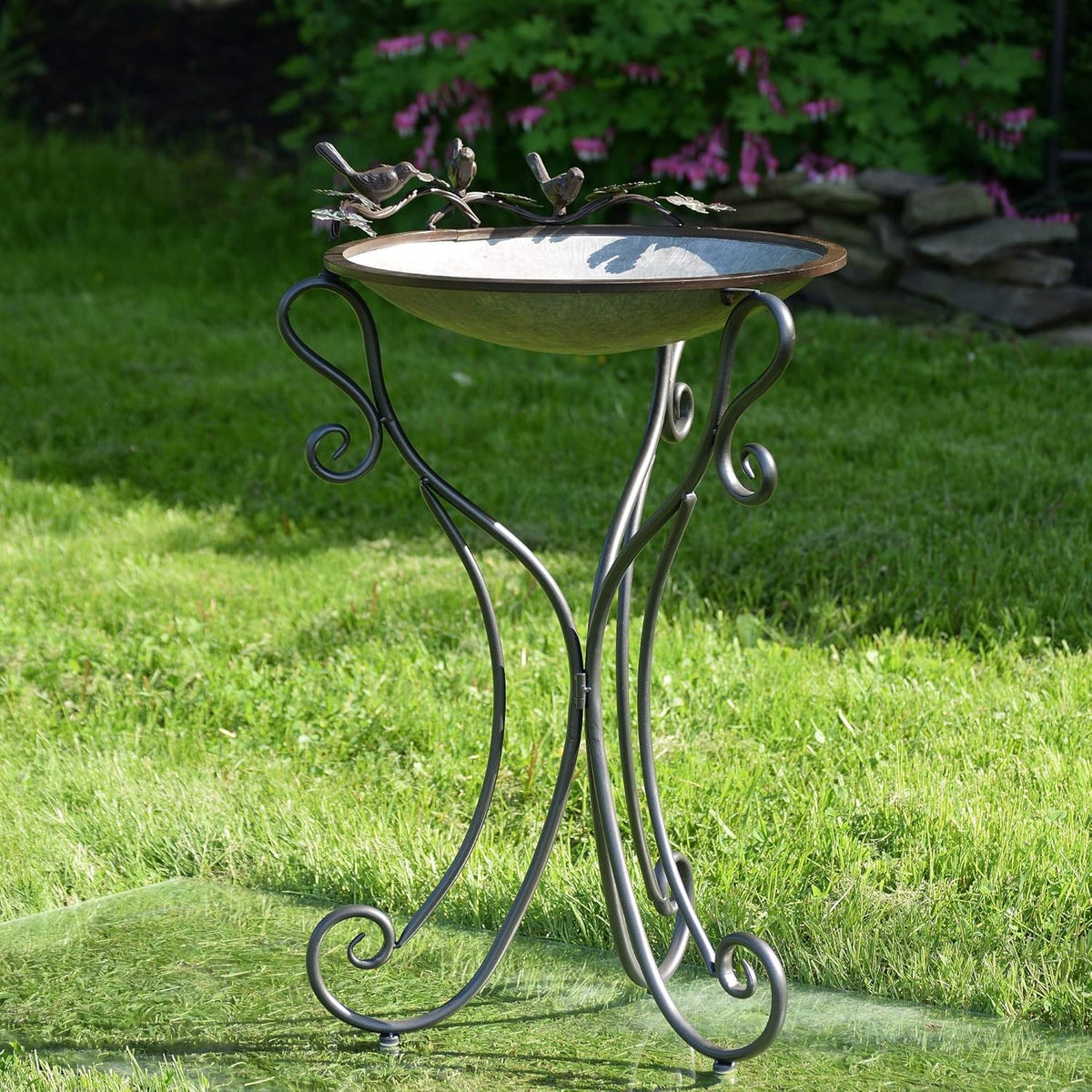 Galvanized Birdbath with Cast Iron Bird Accents D25136