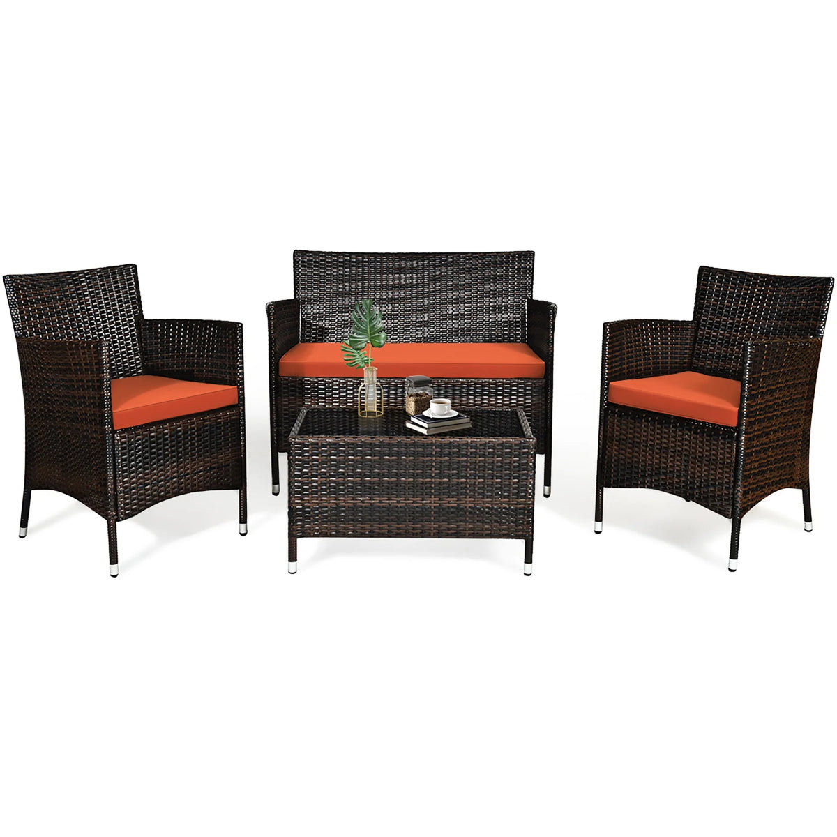 4 Pc Patio Rattan Conversation Furniture Set with Orange Cushion W150