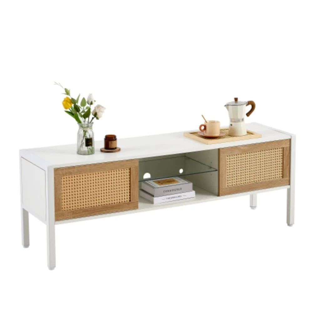 White Rattan TV Cabinet with Sliding Doors and Adjustable Shelf Z585