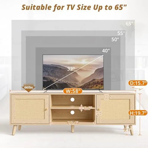 Oak TV Stand with Rattan Cabinet and Solid Wood Leg P1635