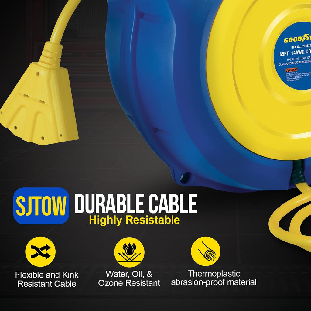 Retractable Extension Cord Reel 14AWG 65 Foot 3C/SJTOW Commercial Cable Triple Tap Connector Power 10A 125VAC 1250W Z600