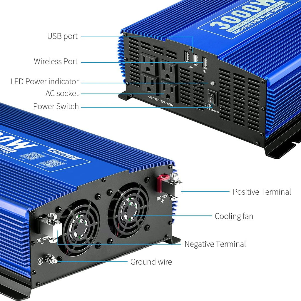 3000W Power Inverter DC12V to 110V AC Car Inverter with 4AC Outlets 2USB Port A553941