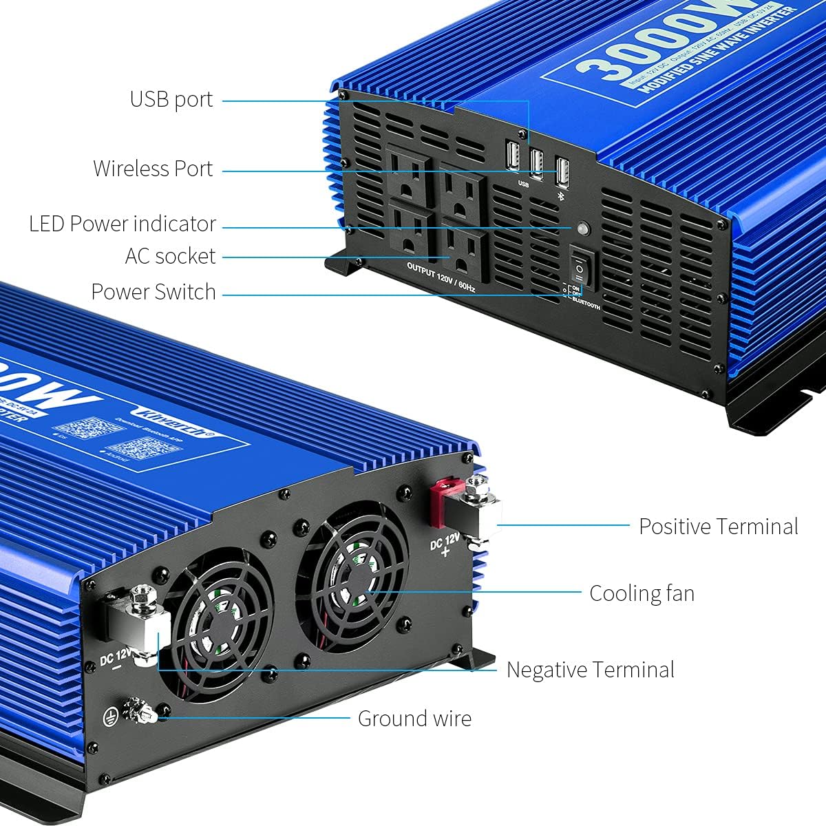 3000W Power Inverter DC12V to 110V AC Car Inverter with 4AC Outlets 2USB Port A553941
