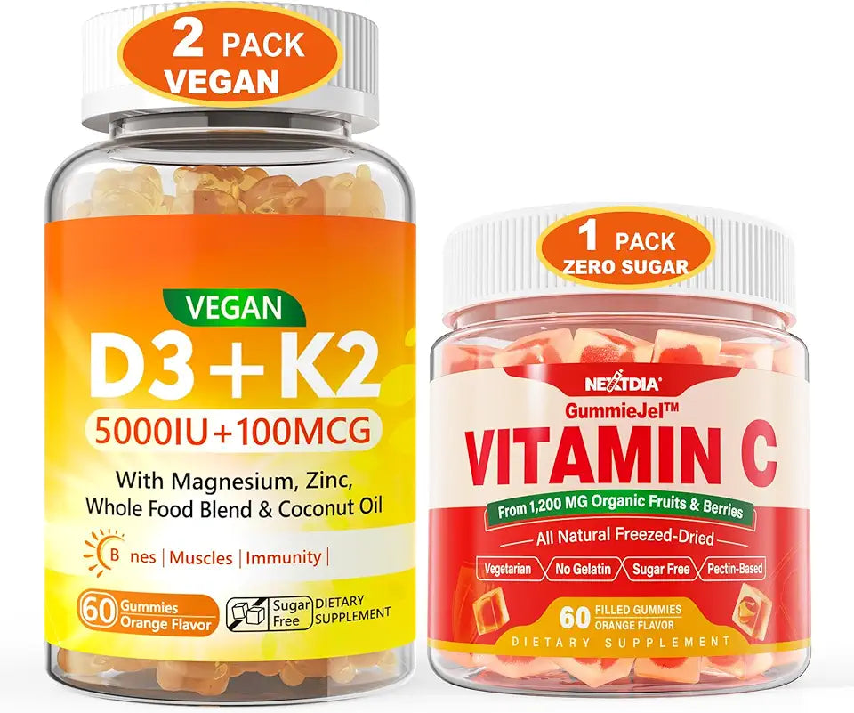 2 Pack Vegan Vitamin D3 5000IU K2 Gummies + 1 Pack Vitamin C Gummies D148