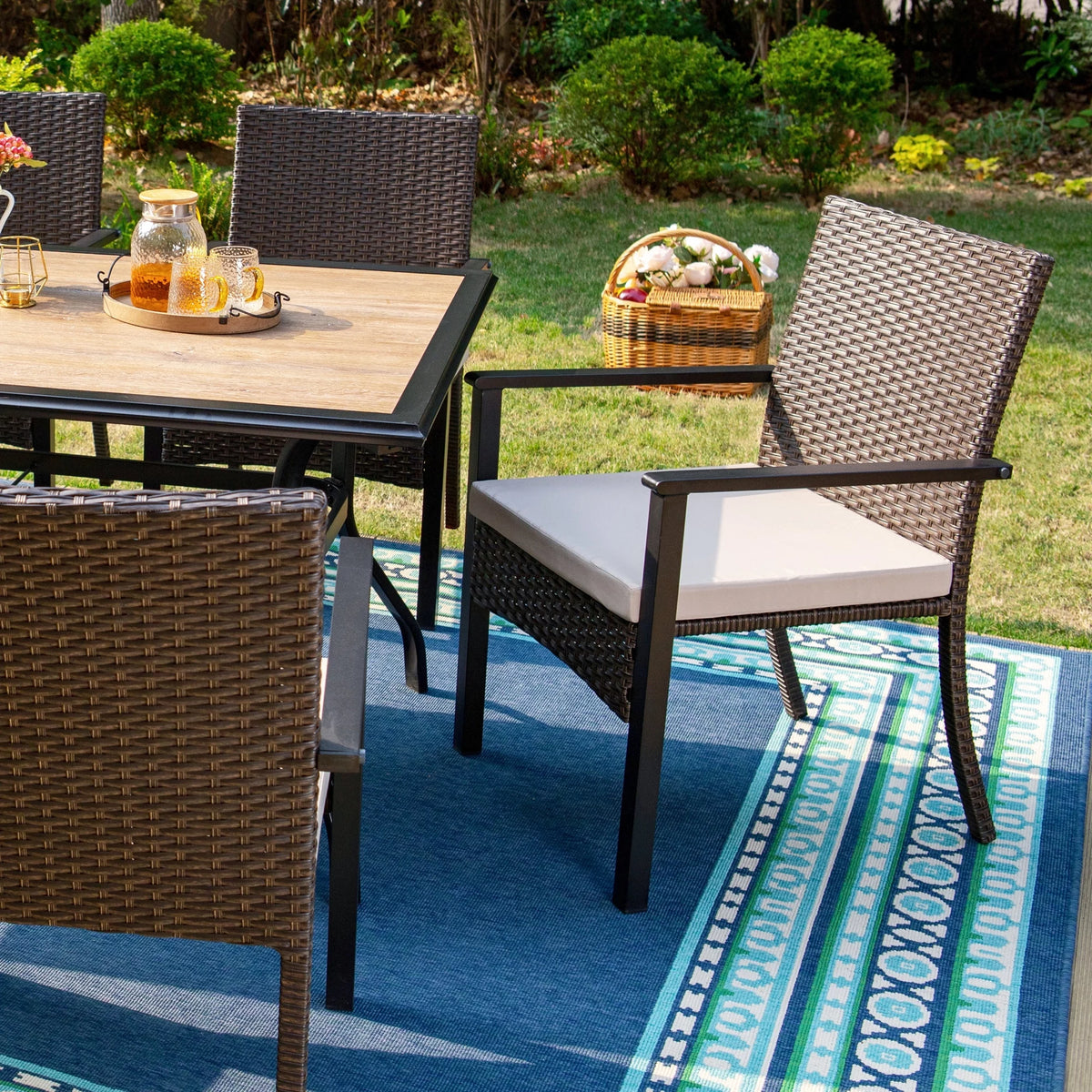 7-Piece Outdoor Patio Dining Set with 6 Rattan Cushioned Armchairs & 1 Rectangle Table H1154