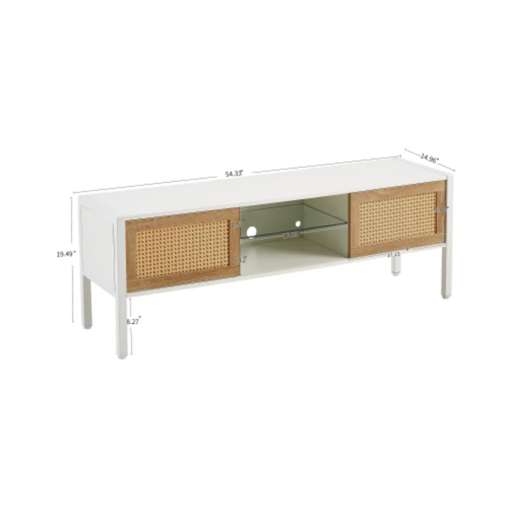 White Rattan TV Cabinet with Sliding Doors and Adjustable Shelf Z585