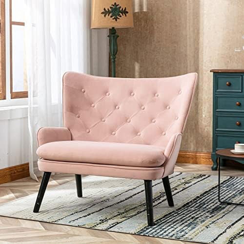 Pink Velvet Tufted Wingback Accent Chair with Solid Wood Legs B900
