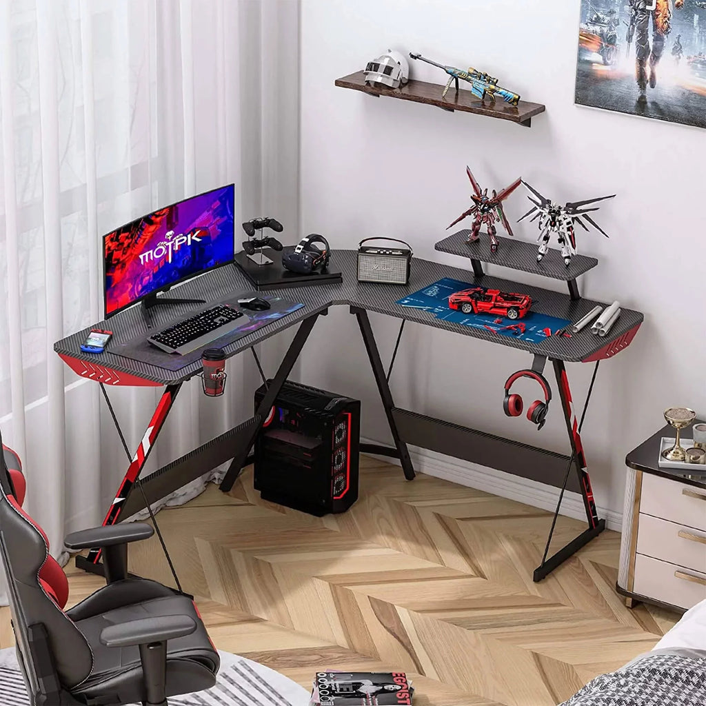 51 inch Black L-Shaped Computer Gaming Desk with Monitor Shelf B842