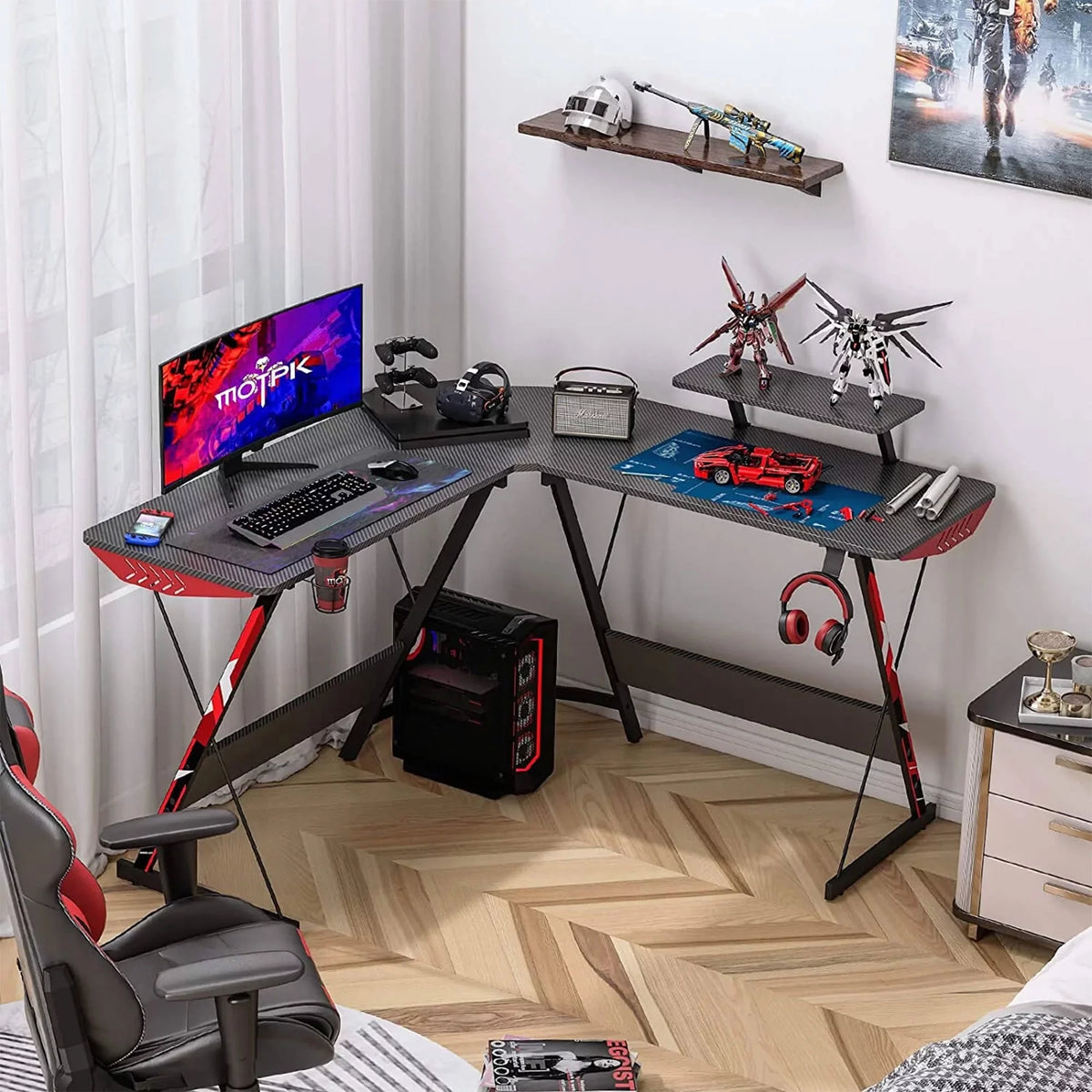 51 inch Black L-Shaped Computer Gaming Desk with Monitor Shelf B842