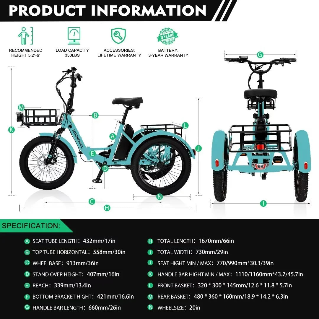 Electric Folding Tricycle with 500W Motor 48v 14.5Ah Battery 20*3in Fat Tires G2500