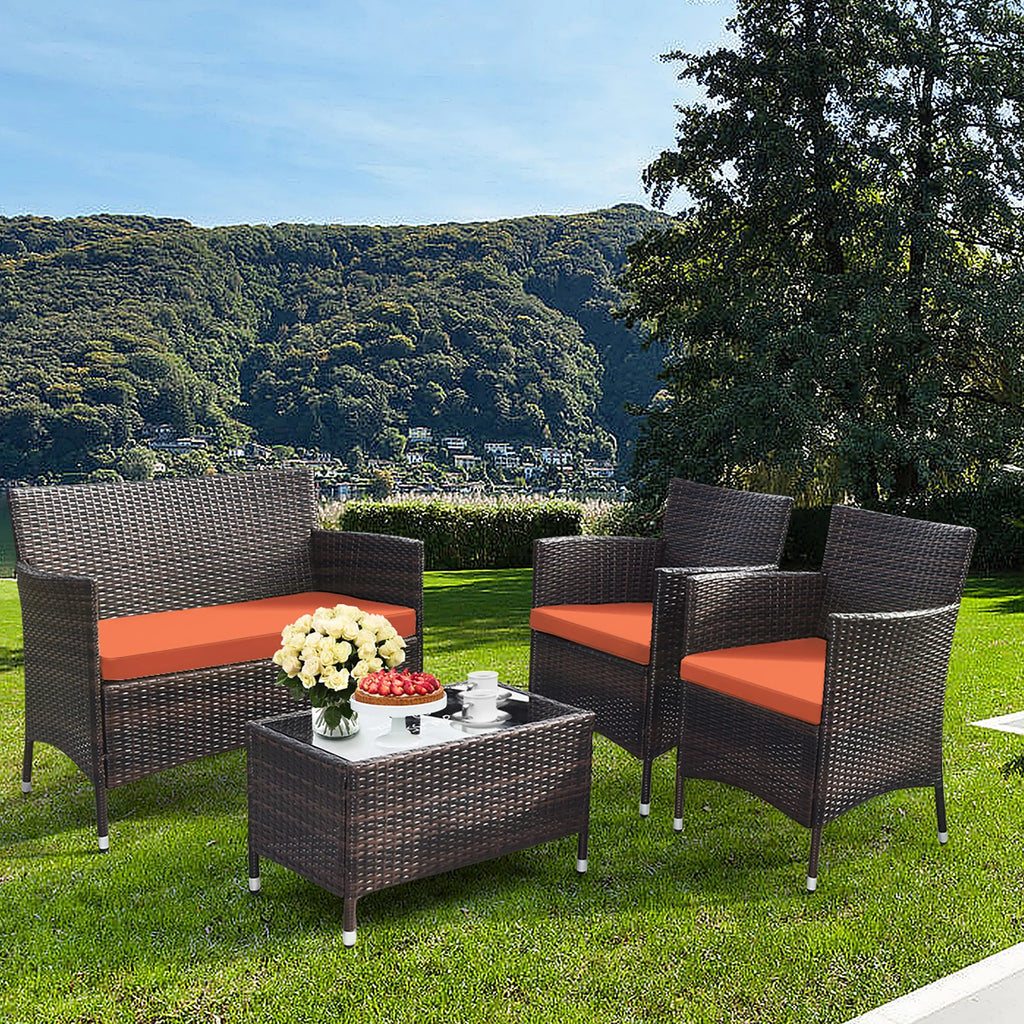 4 Pc Patio Rattan Conversation Furniture Set with Orange Cushion W150