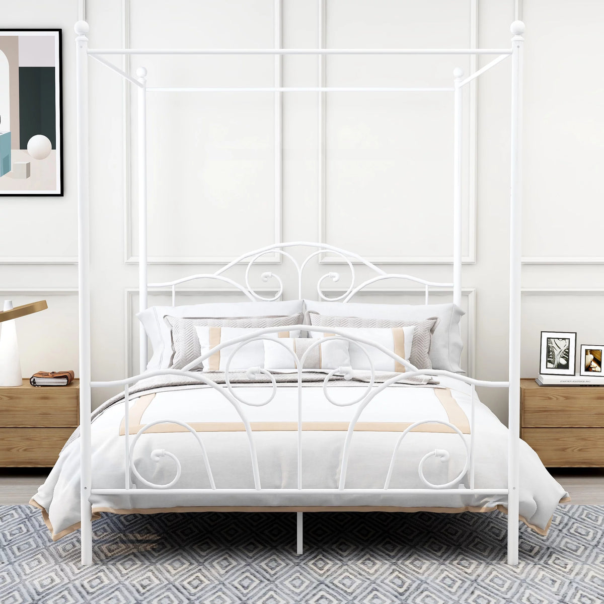 Vintage White Full Size Metal Canopy Bed Frame O2978