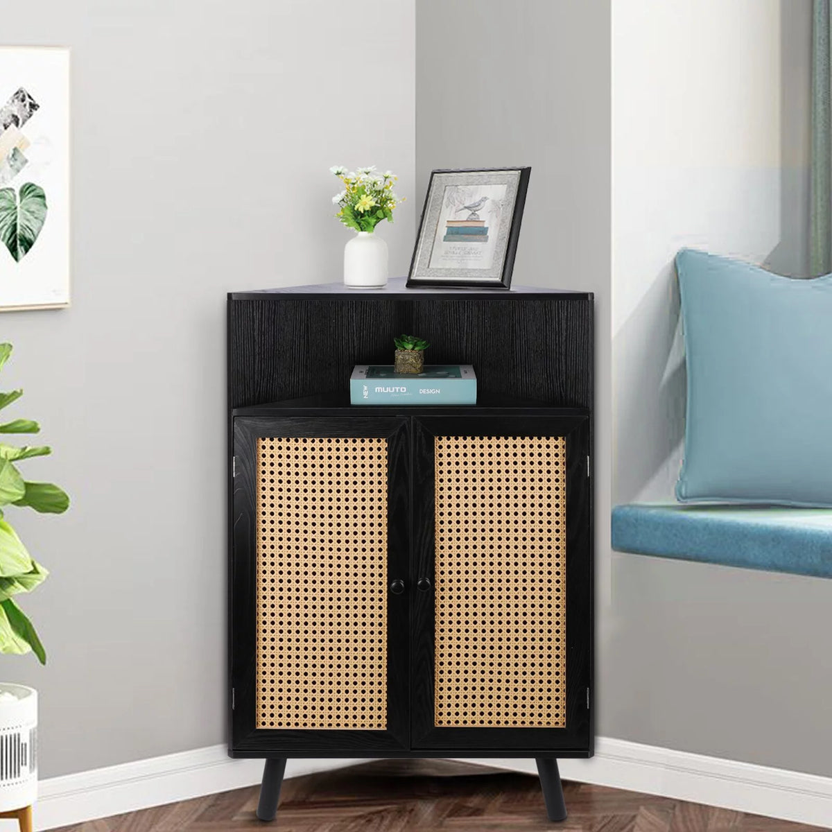 35" Tall Black Rattan Corner Storage Cabinet with Doors Q671