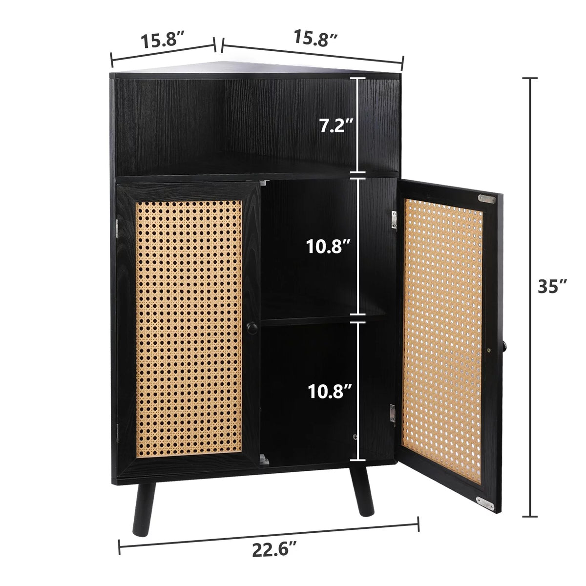 35" Tall Black Rattan Corner Storage Cabinet with Doors Q671
