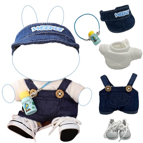 17cm Doll 4-Piece Clothes Set Denim Overall Sun Hat T-Shirt Knitted Flower Brooch E2418