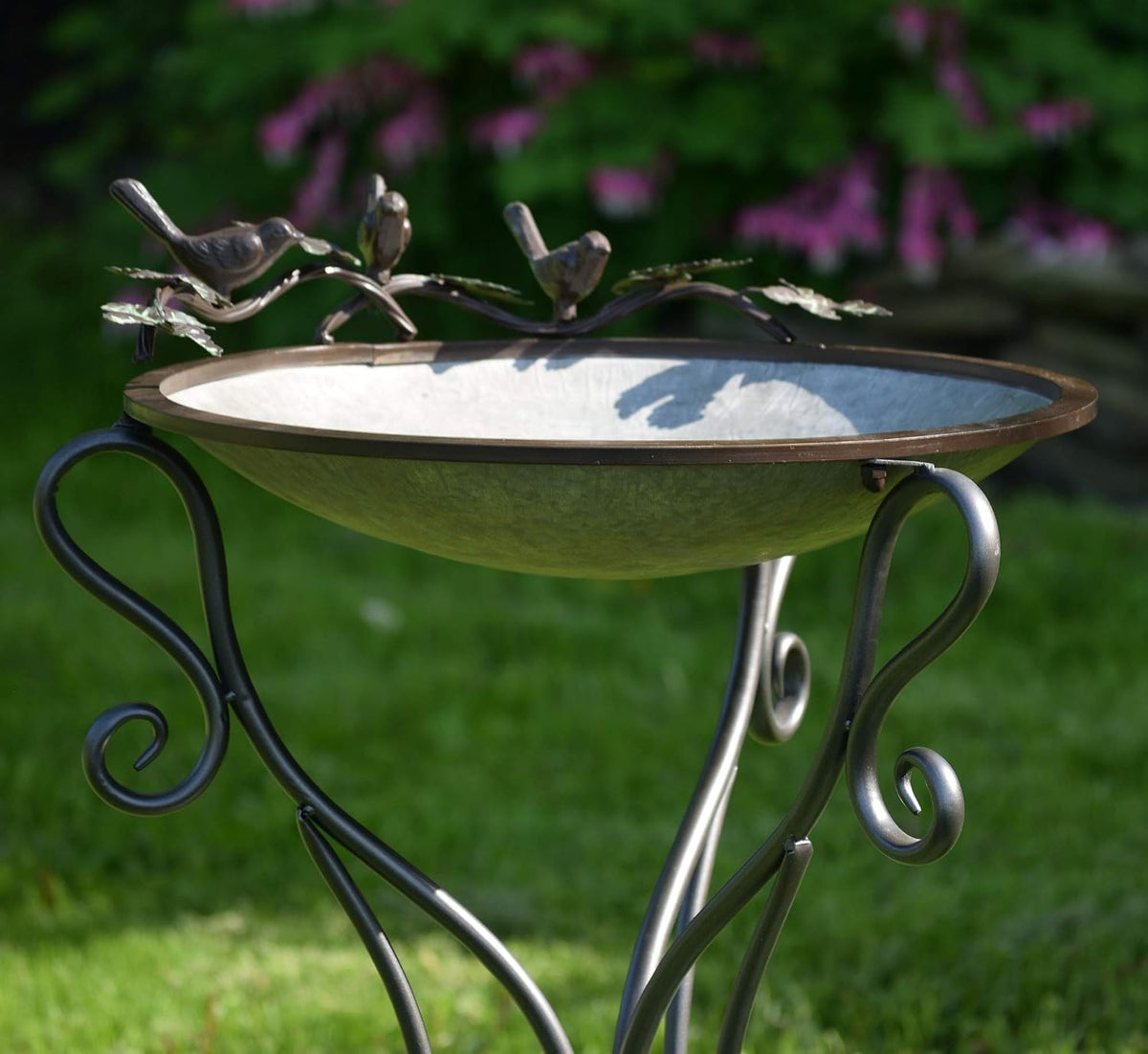 Galvanized Birdbath with Cast Iron Bird Accents D25136