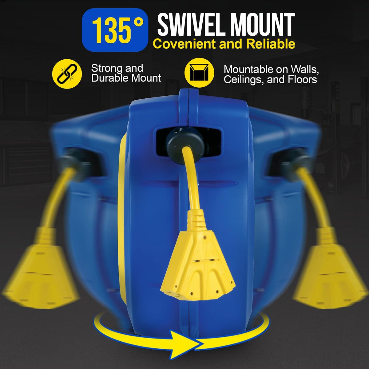 Retractable Extension Cord Reel 14AWG 65 Foot 3C/SJTOW Commercial Cable Triple Tap Connector Power 10A 125VAC 1250W Z600